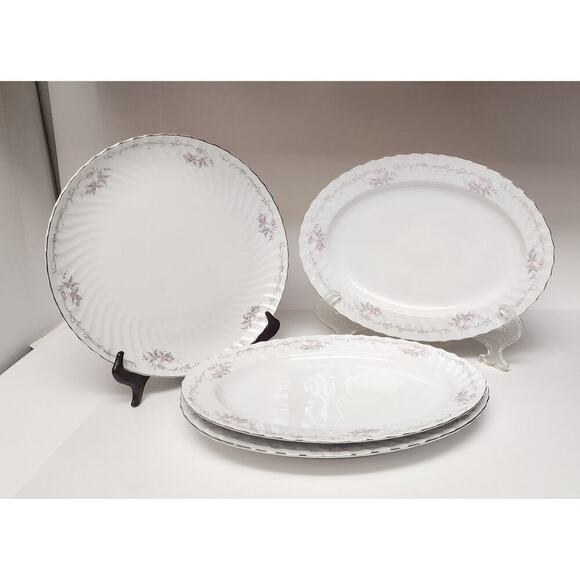 Gold Standard White Silver & Pink /1 Round & 3 Oval Serving Platter - Picture 1 of 7
